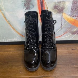 SOLD Black Patent Leather Latex Heeled Combat Boots